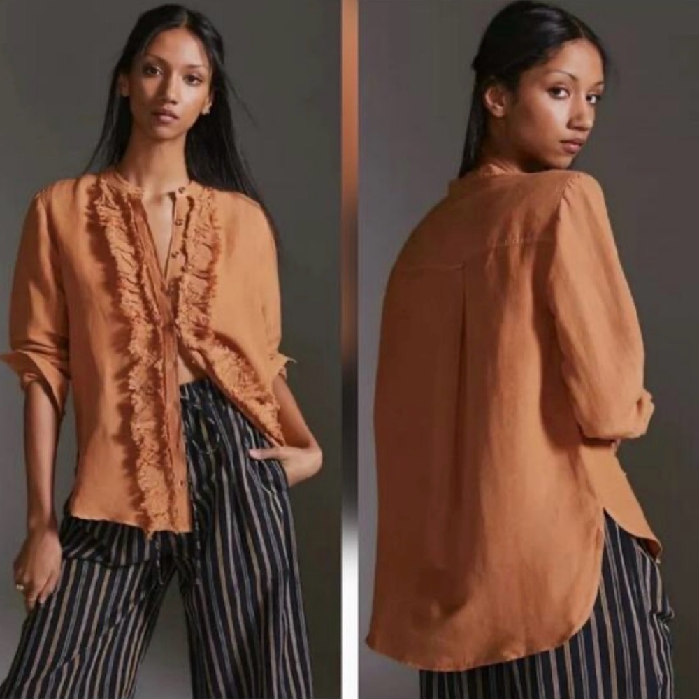 Pilcro Ruffle-Trim Long Sleeve Blouse - Rust